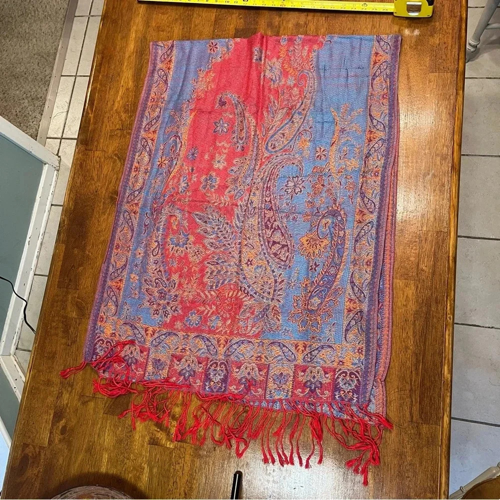 Pashmina Scarf 100% Cashmere purple red blue paisley beautiful - Picture 6 of 11